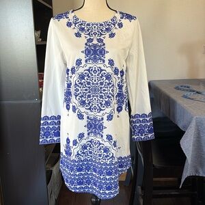 Favolook Women’s Size M Silky Blue and White Tunic / Dress High Low Style